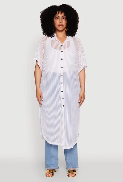 Womens Plus Size Mesh Button Front Side Slit Shirt, White, Size 3X