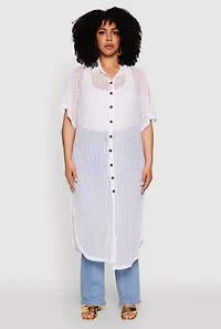 Womens Plus Size Mesh Button Front Side Slit Shirt, White, Size 3X