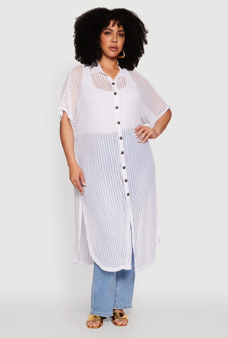 Womens Plus Size Mesh Button Front Side Slit Shirt, White, Size 3X