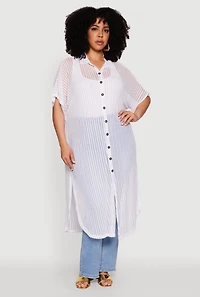Womens Plus Size Mesh Button Front Side Slit Shirt, White, Size 3X