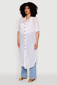 Womens Plus Size Mesh Button Front Side Slit Shirt, White, Size 3X