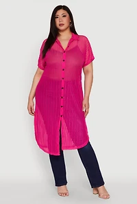 Womens Plus Size Mesh Button Front Side Slit Shirt, Pink, Size 3X