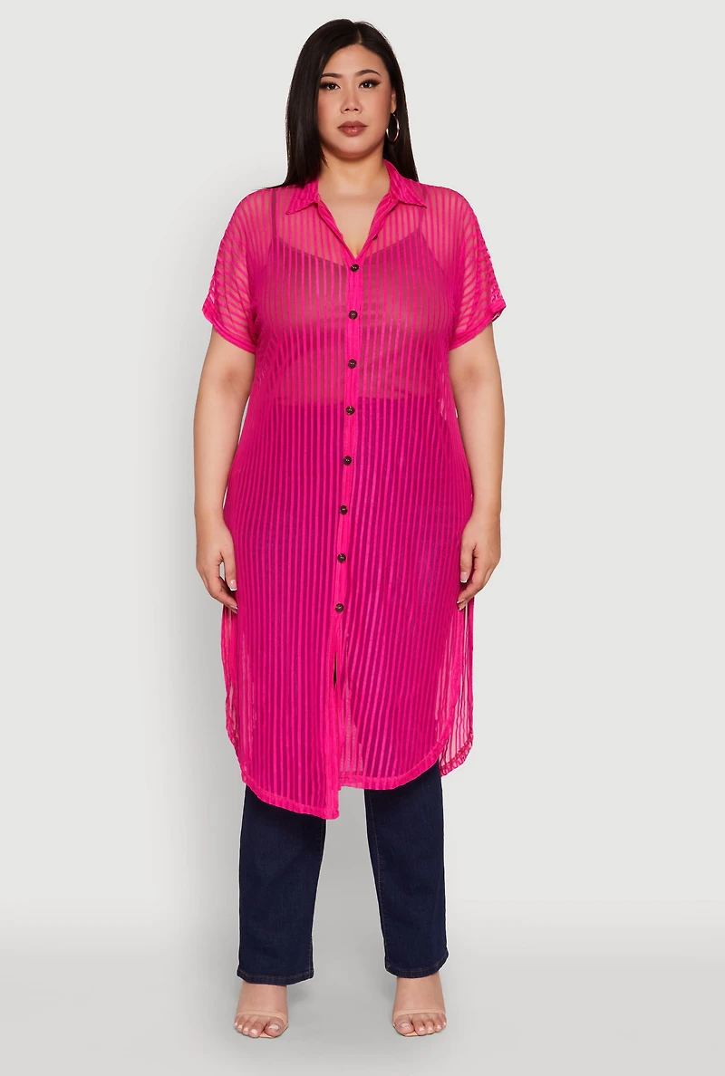 Womens Plus Size Mesh Button Front Side Slit Shirt, Pink, Size 3X
