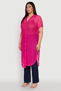 Womens Plus Size Mesh Button Front Side Slit Shirt, Pink, Size 3X