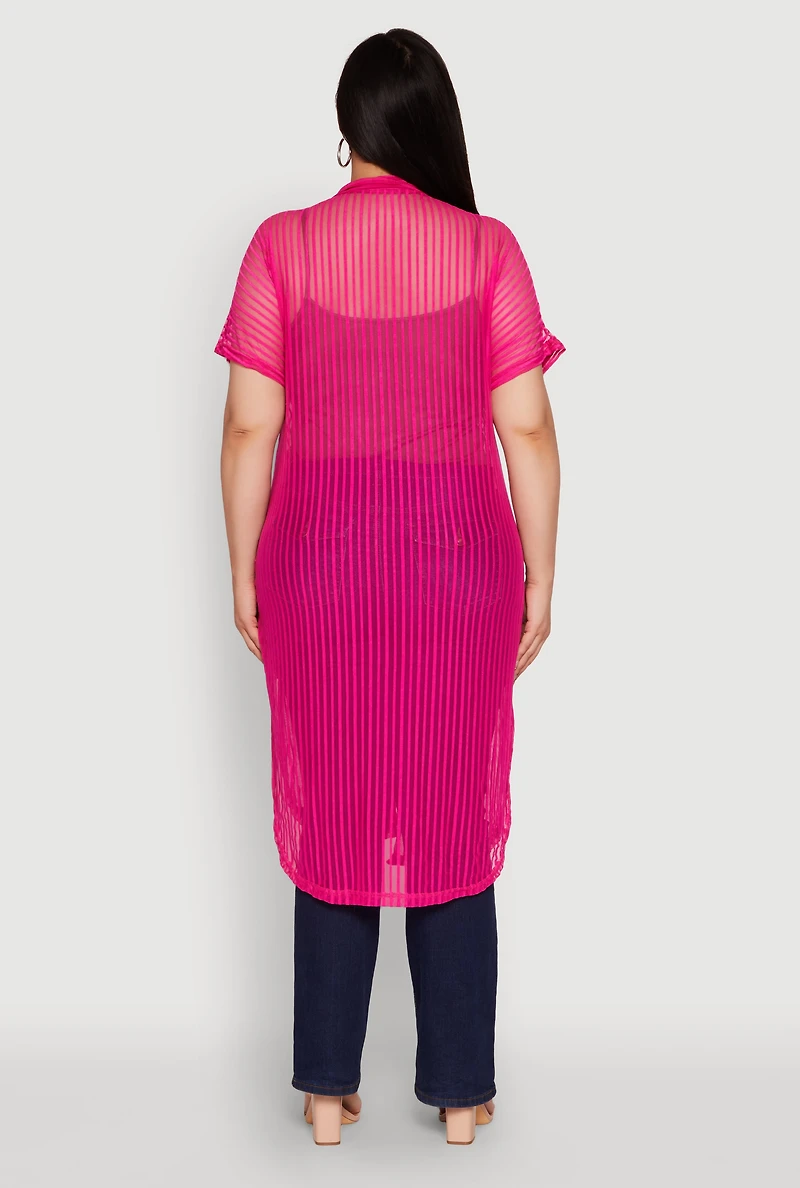 Womens Plus Size Mesh Button Front Side Slit Shirt, Pink, Size 3X