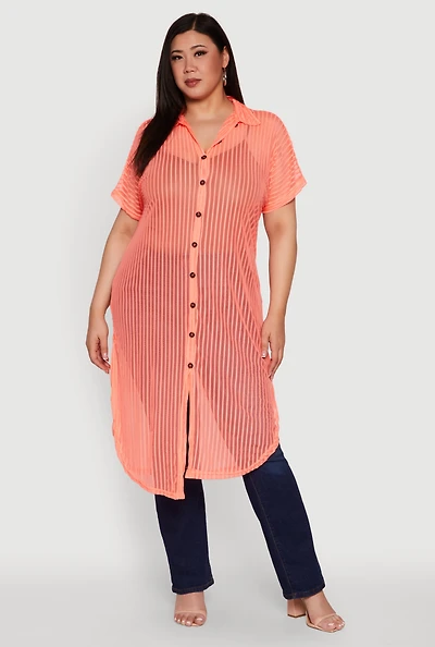 Womens Plus Size Mesh Button Front Side Slit Shirt, Orange, Size 2X