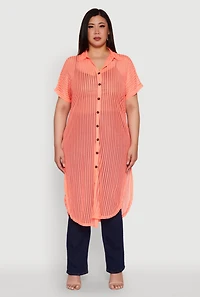 Womens Plus Size Mesh Button Front Side Slit Shirt, Orange, Size 2X