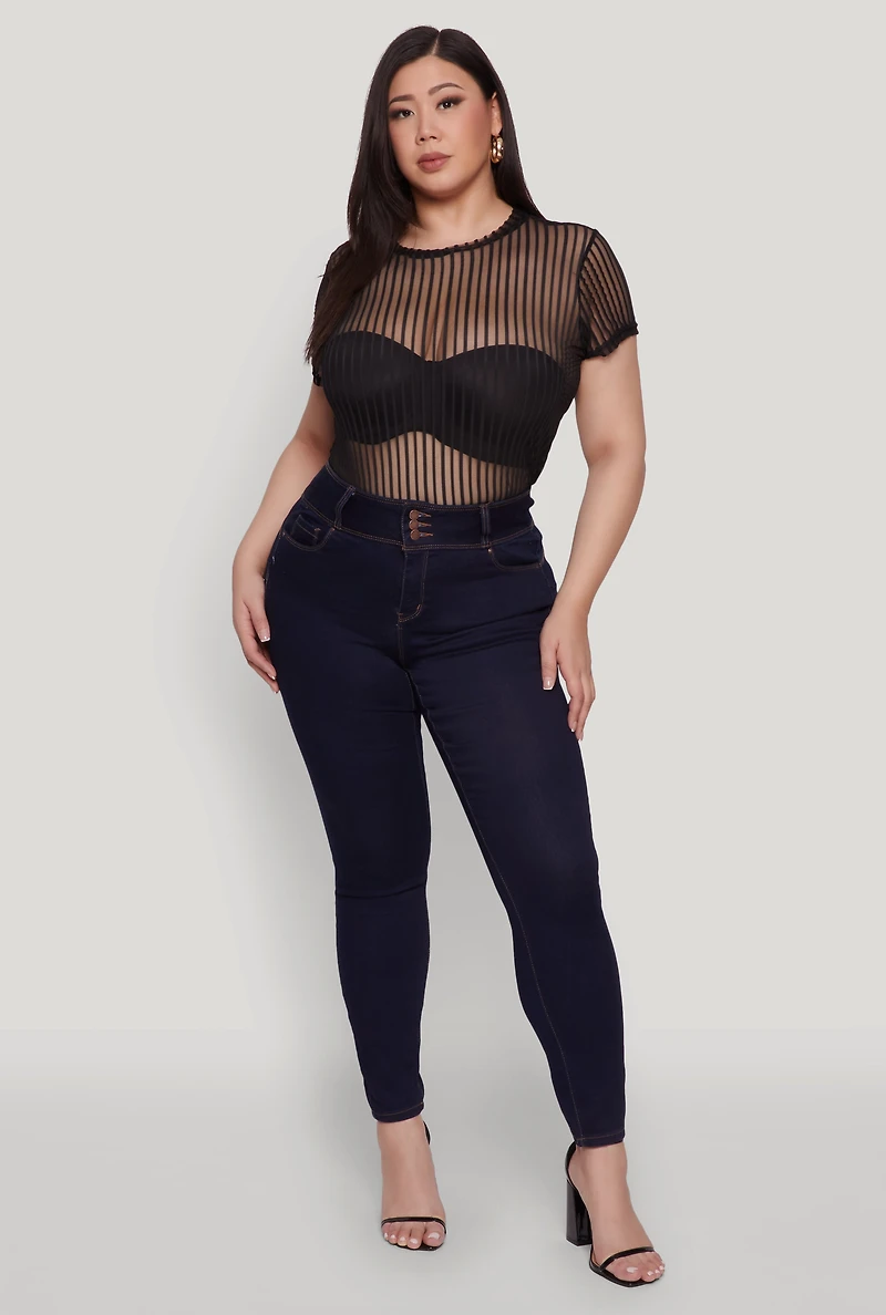 Womens Plus Shadow Stripe Mesh Top,