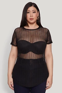 Womens Plus Shadow Stripe Mesh Top,