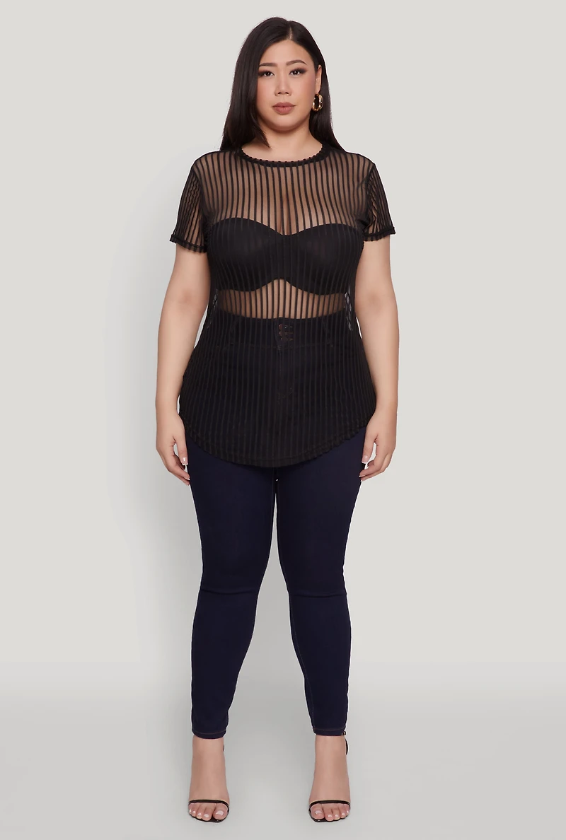 Womens Plus Shadow Stripe Mesh Top,