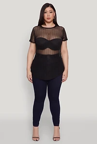 Womens Plus Shadow Stripe Mesh Top,