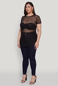 Womens Plus Shadow Stripe Mesh Top,