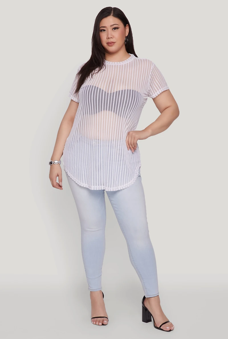 Plus Shadow Stripe Mesh Top