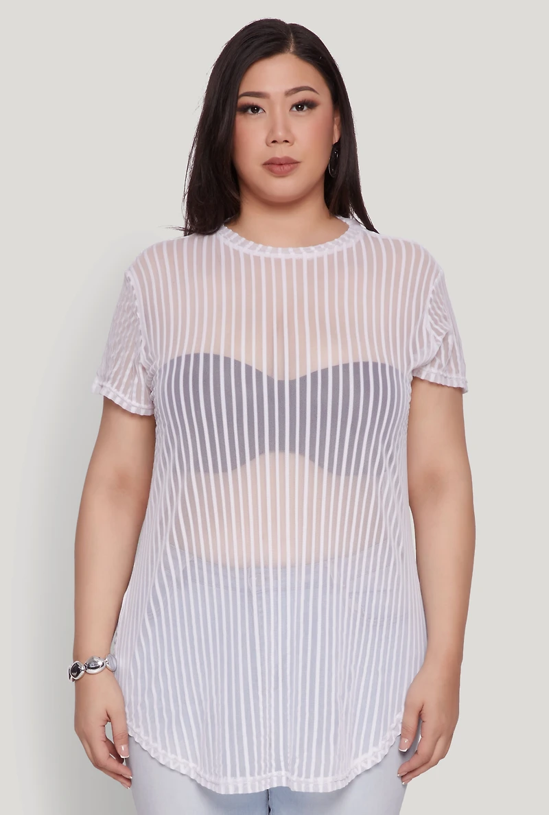 Plus Shadow Stripe Mesh Top