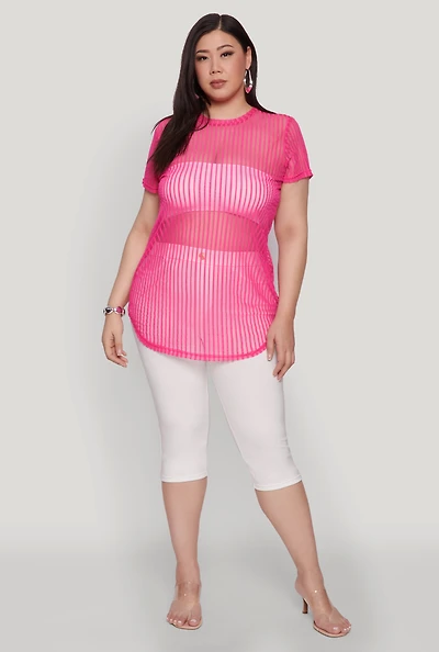 Womens Plus Shadow Stripe Mesh Top, Pink,