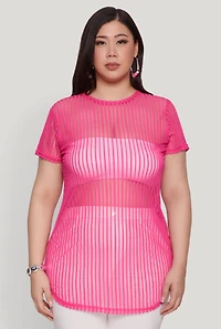 Womens Plus Shadow Stripe Mesh Top, Pink,