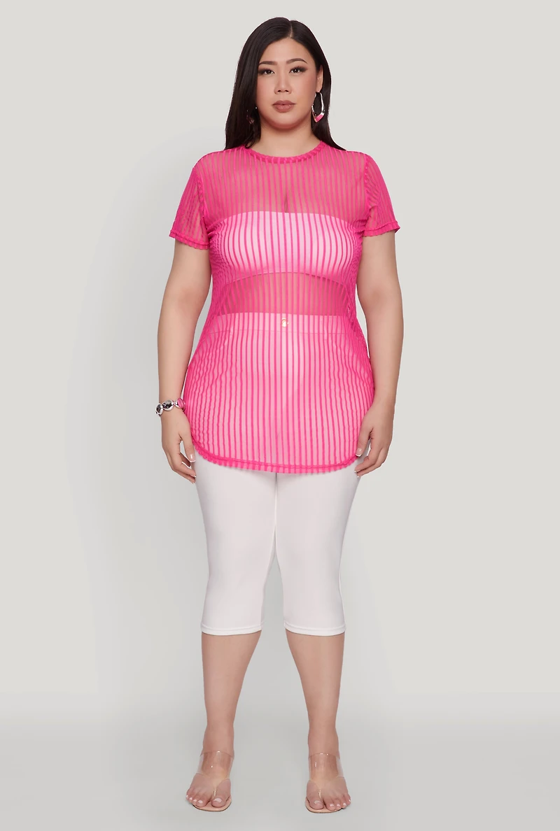 Womens Plus Shadow Stripe Mesh Top, Pink,