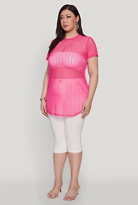 Womens Plus Shadow Stripe Mesh Top, Pink,