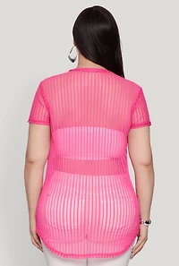 Womens Plus Shadow Stripe Mesh Top, Pink,