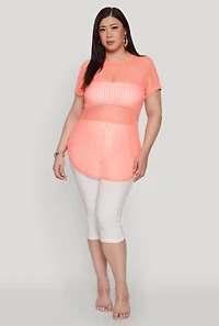 Womens Plus Size Shadow Stripe Mesh Top, Orange, Size 4X