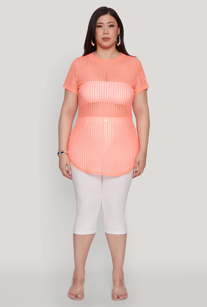 Womens Plus Size Shadow Stripe Mesh Top, Orange, Size 4X