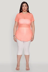 Womens Plus Size Shadow Stripe Mesh Top, Orange, Size 4X