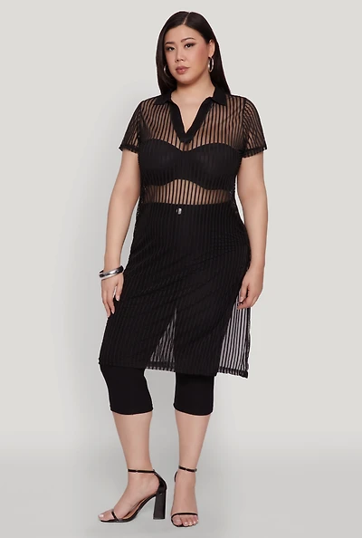Womens Plus Shadow Stripe Collared Mesh Top,