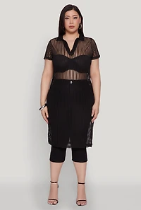 Womens Plus Shadow Stripe Collared Mesh Top,