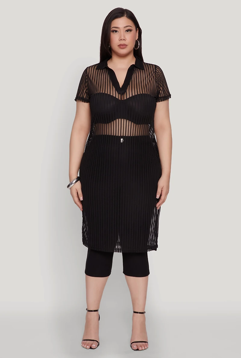 Womens Plus Shadow Stripe Collared Mesh Top, 2X