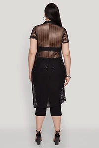 Womens Plus Shadow Stripe Collared Mesh Top,