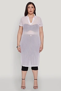 Plus Shadow Stripe Collared Mesh Top