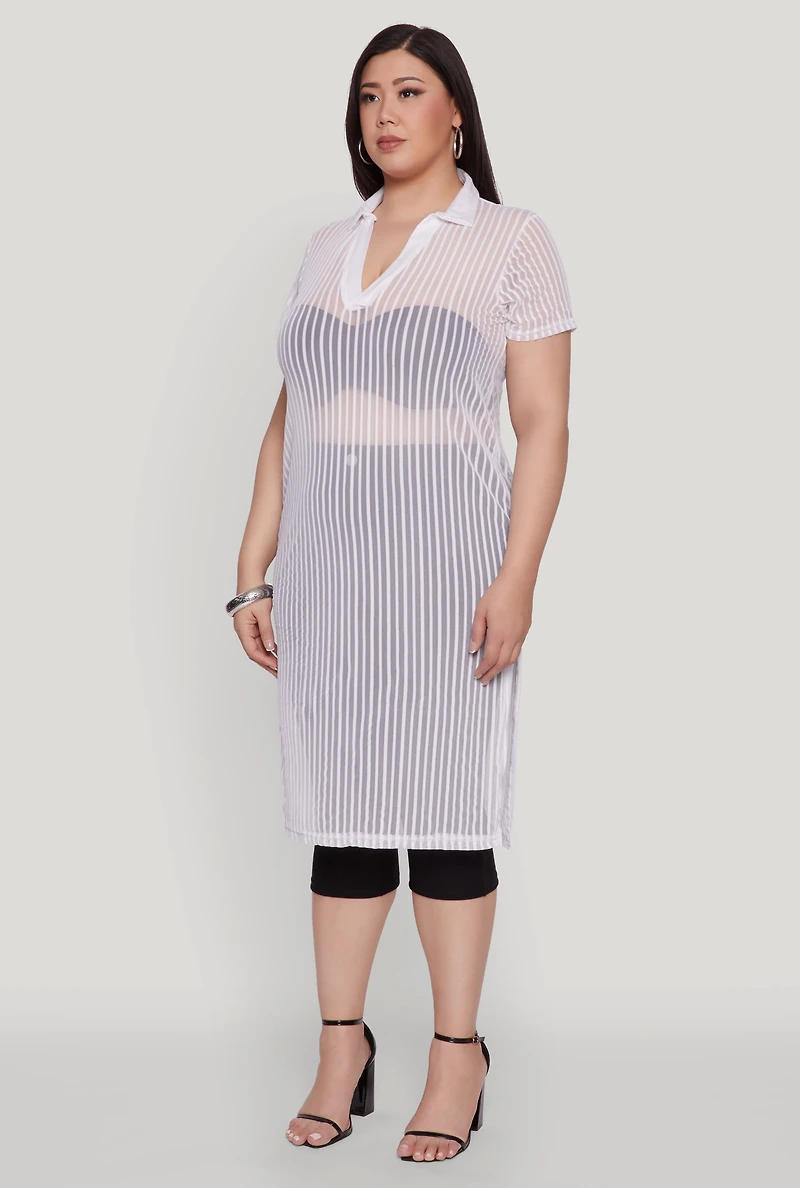 Plus Shadow Stripe Collared Mesh Top