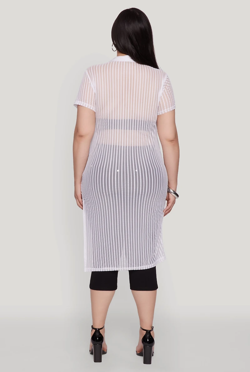 Plus Shadow Stripe Collared Mesh Top