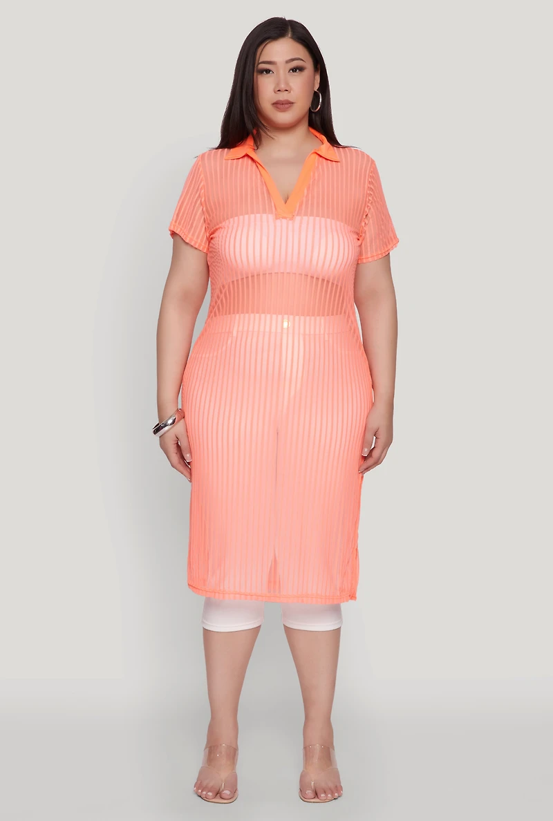 Womens Plus Shadow Stripe Collared Mesh Top, Orange,