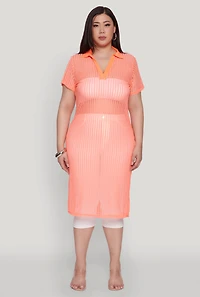 Womens Plus Shadow Stripe Collared Mesh Top, Orange,