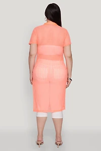 Womens Plus Shadow Stripe Collared Mesh Top, Orange,