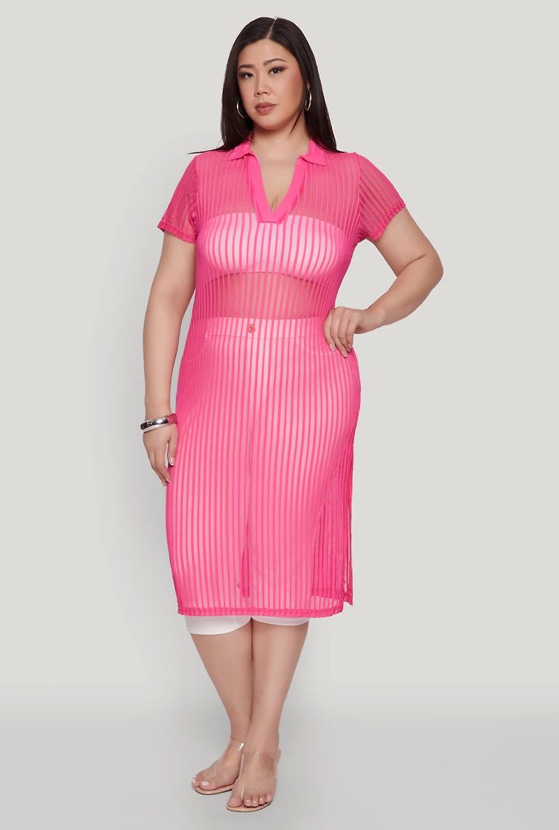 Plus Shadow Stripe Collared Mesh Top