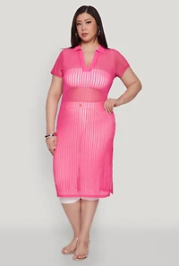 Plus Shadow Stripe Collared Mesh Top