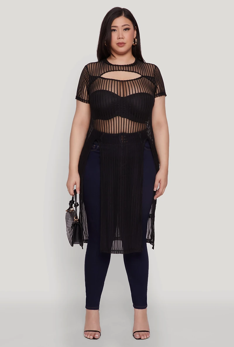 Womens Plus Size Shadow Stripe Slit Front Maxi Top, Black, Size 2X