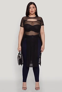 Womens Plus Size Shadow Stripe Slit Front Maxi Top, Black, Size 2X