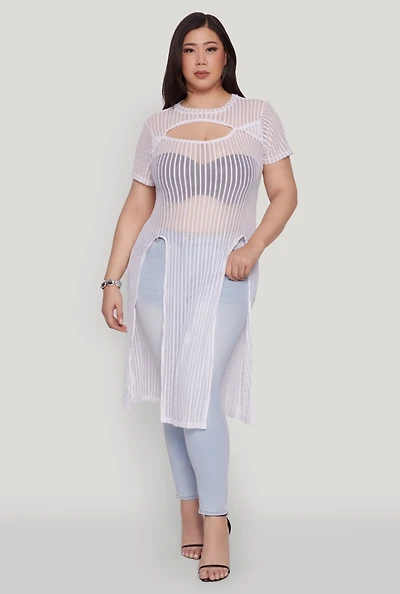 Womens Plus Size Shadow Stripe Slit Front Maxi Top, White, Size 3X