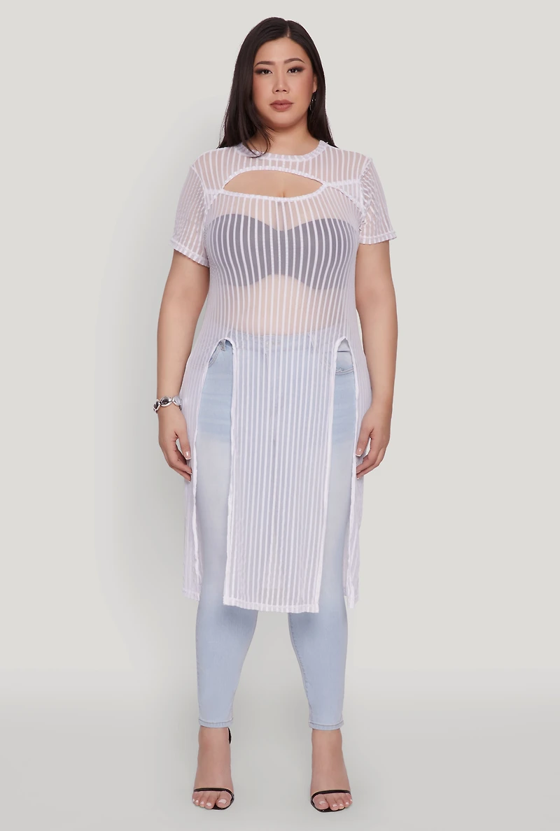 Womens Plus Size Shadow Stripe Slit Front Maxi Top, White, Size 4X