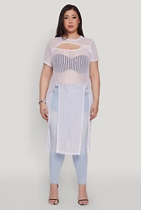 Womens Plus Size Shadow Stripe Slit Front Maxi Top, White, Size 4X