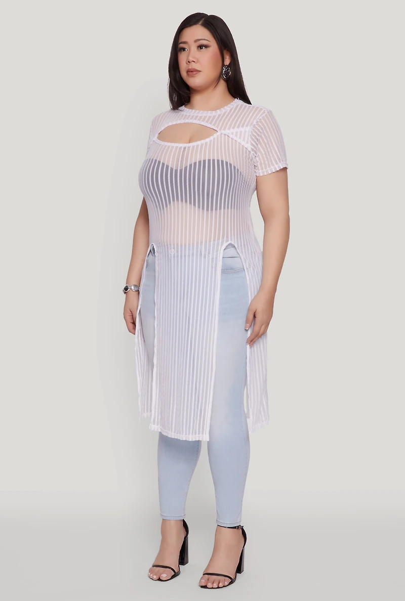 Womens Plus Size Shadow Stripe Slit Front Maxi Top, White, Size 4X