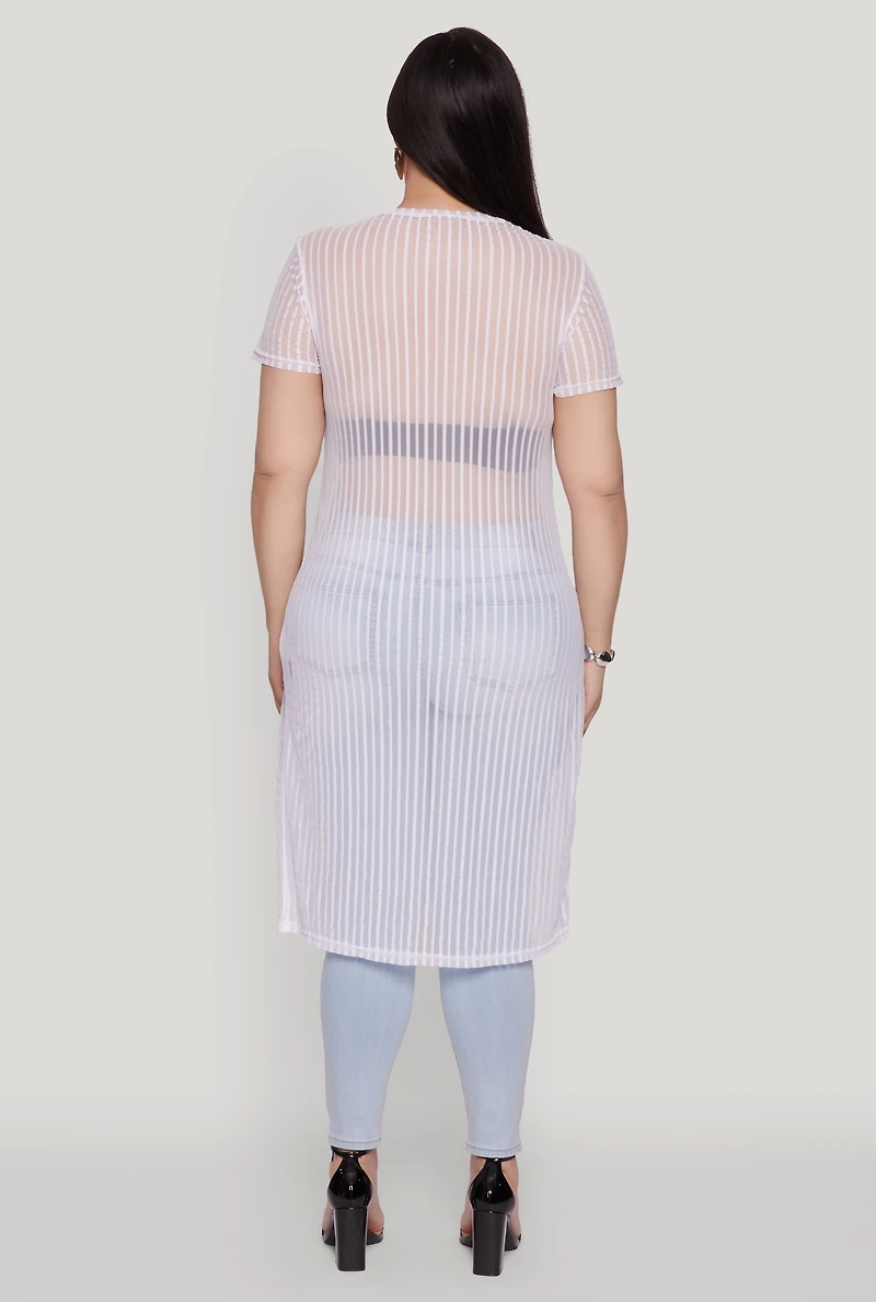 Womens Plus Size Shadow Stripe Slit Front Maxi Top, White, Size 4X