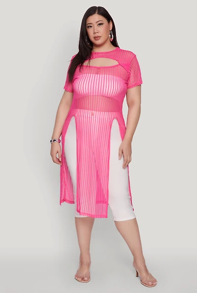 Womens Plus Shadow Stripe Slit Front Maxi Top,