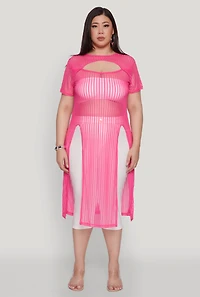 Womens Plus Size Shadow Stripe Slit Front Maxi Top, Pink, Size 1X