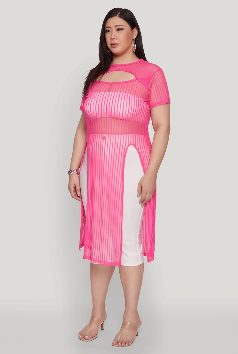 Womens Plus Size Shadow Stripe Slit Front Maxi Top, Pink, Size 1X