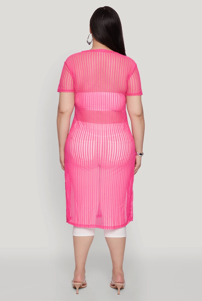 Womens Plus Size Shadow Stripe Slit Front Maxi Top, Pink, Size 1X
