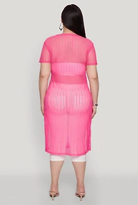 Womens Plus Size Shadow Stripe Slit Front Maxi Top, Pink, Size 1X